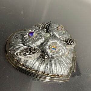 Brighton Silver Kiss-Lock Heart-Shaped Floral Trinket Box Mini Purse Mirror